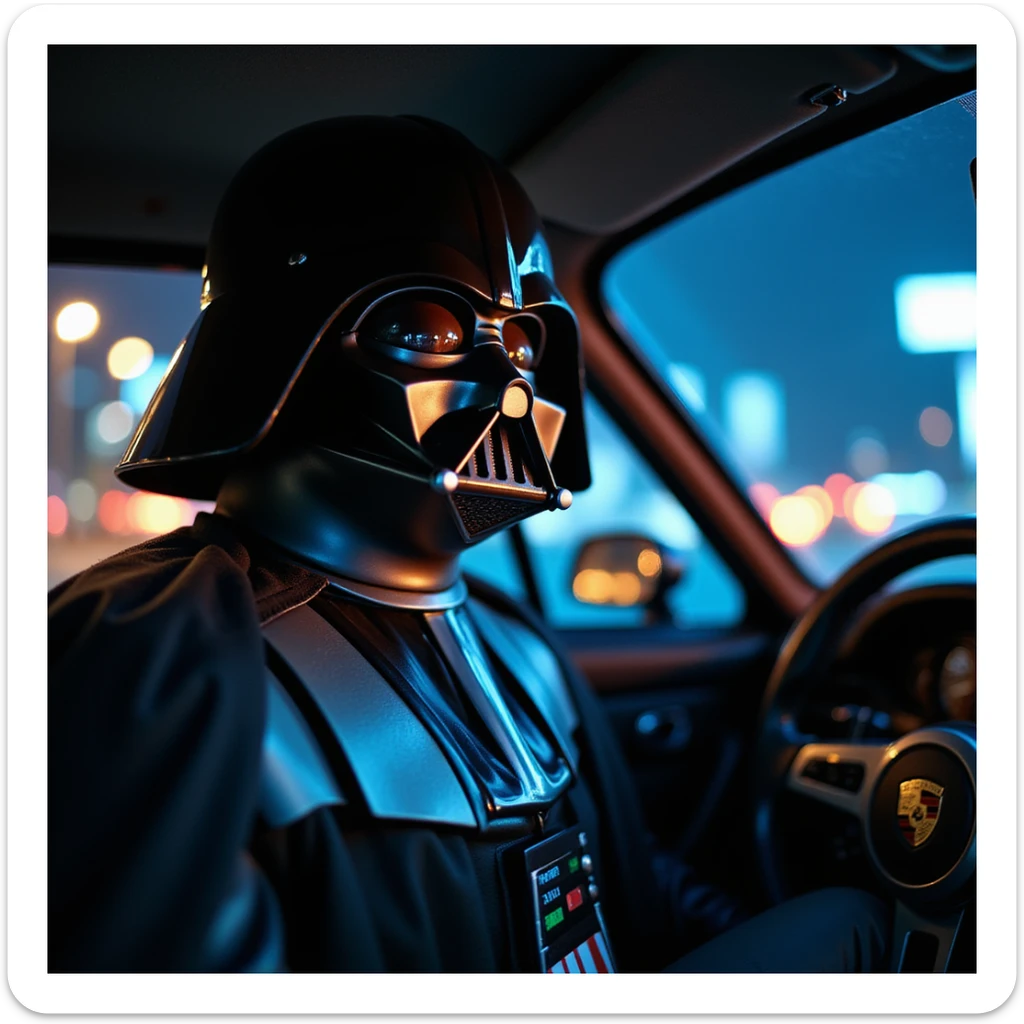 Cinematic shot of a Darth vader sitting in porsche 911, blue and orange lights, full car shot sticker