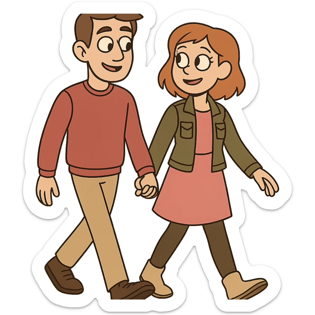 Sticker of Sasha and Yulia, two young lovers, in a flat toon style. They are walking together, holding hands, with a simple and clean design. sticker