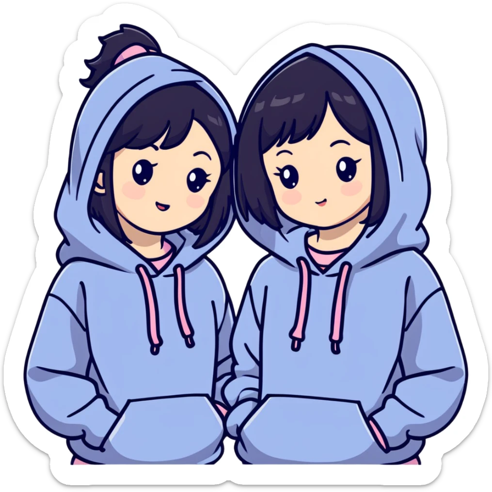 Two adorable Japanese girls with black hair wearing casual Western clothing like hoodies or blouses, their cheeks touching, kawaii style sticker