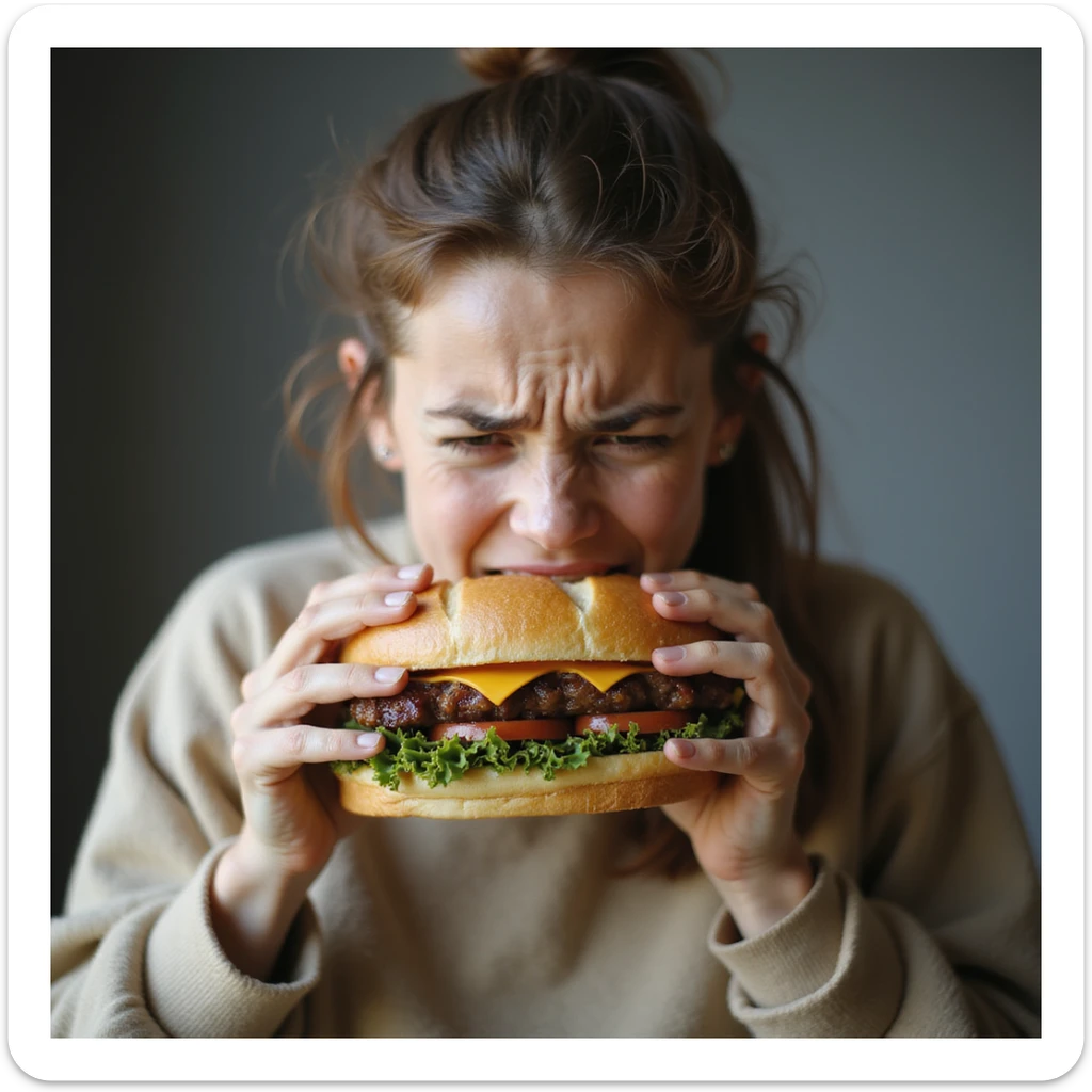 hyperrealistic image of a woman with a nervous and impatient expression trying to eat a huge sandwich, concept of uncontrollable and nervous hunger, white background sticker