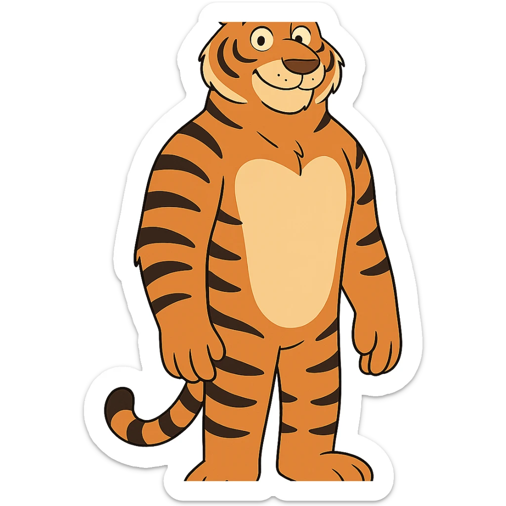 a kind, tall tiger, friendly expression, standing upright, cartoon style sticker