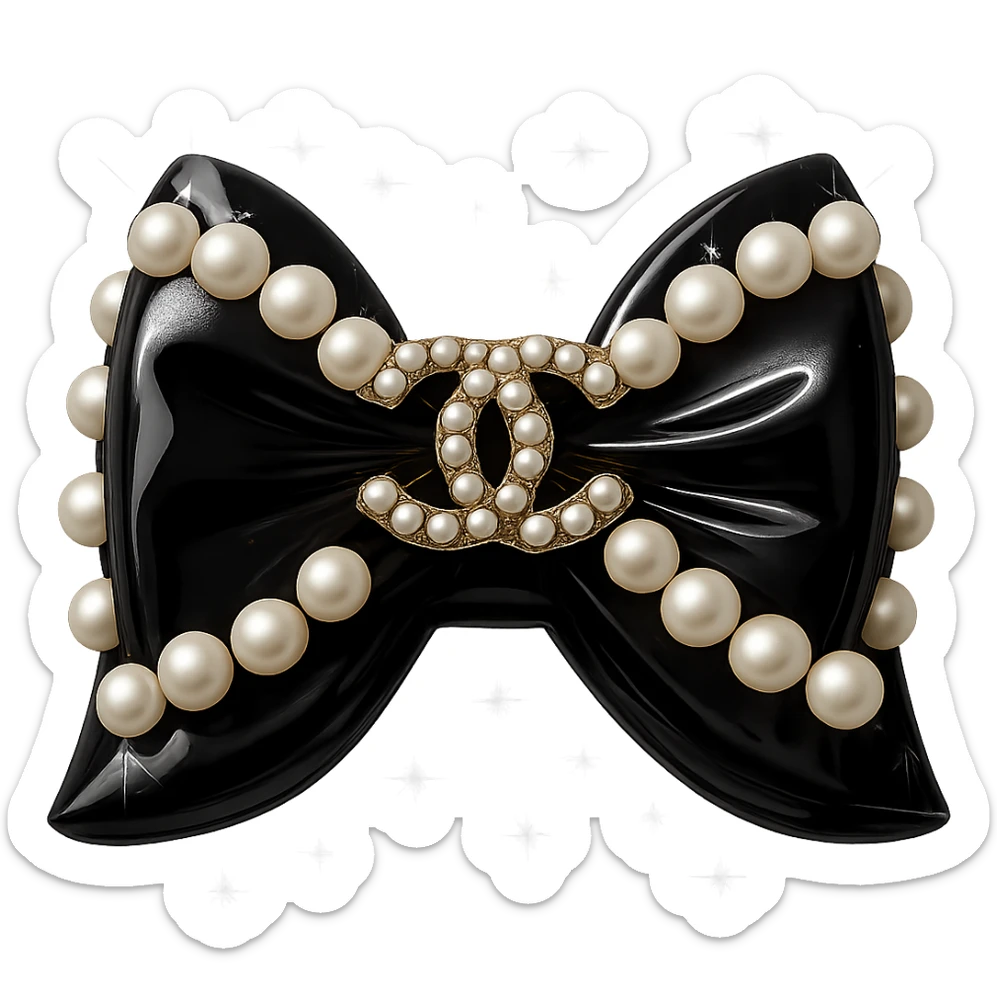 Add sparkling effects to the elegant bow with pearls and gold Chanel logo, glossy, monochrome, realistic style, with a solid white background. The image should have a clean and solid white background to highlight the sparkling and glossy details. sticker