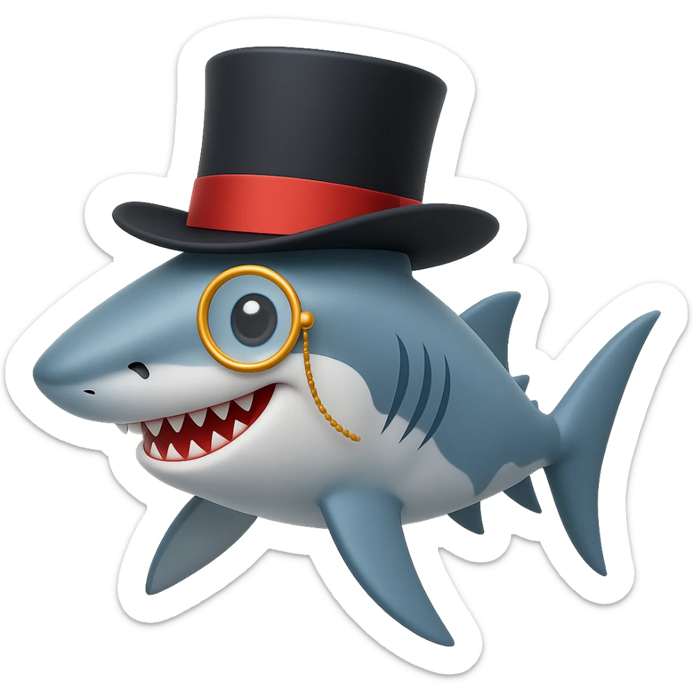 Add a monocle to the shark with a top hat in the style of emoji, no background. sticker