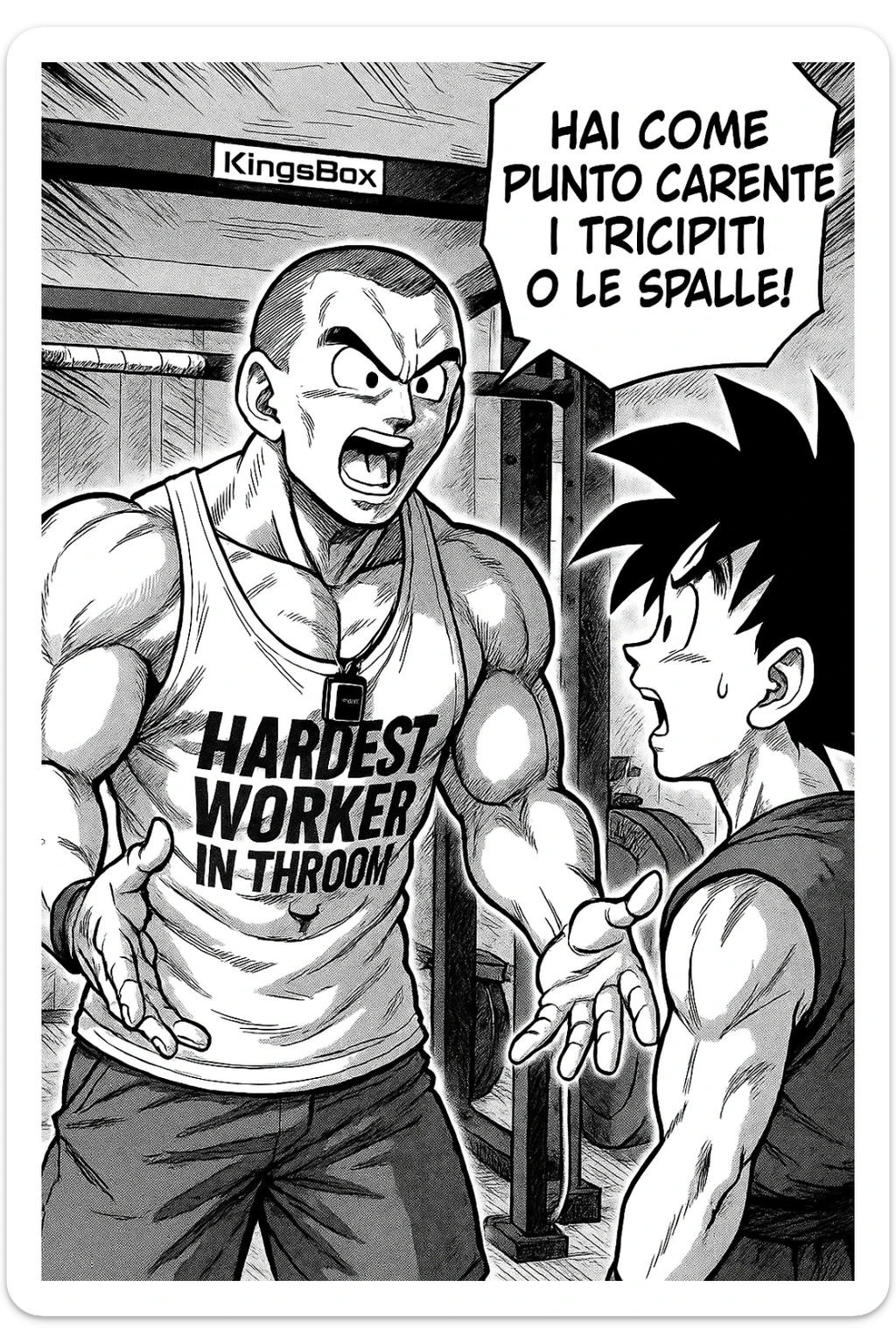 Personal trainer che dice al suo allievo, "hai come punto carente i tricipiti o le spalle!" Stile manga di Dragon Ball sticker