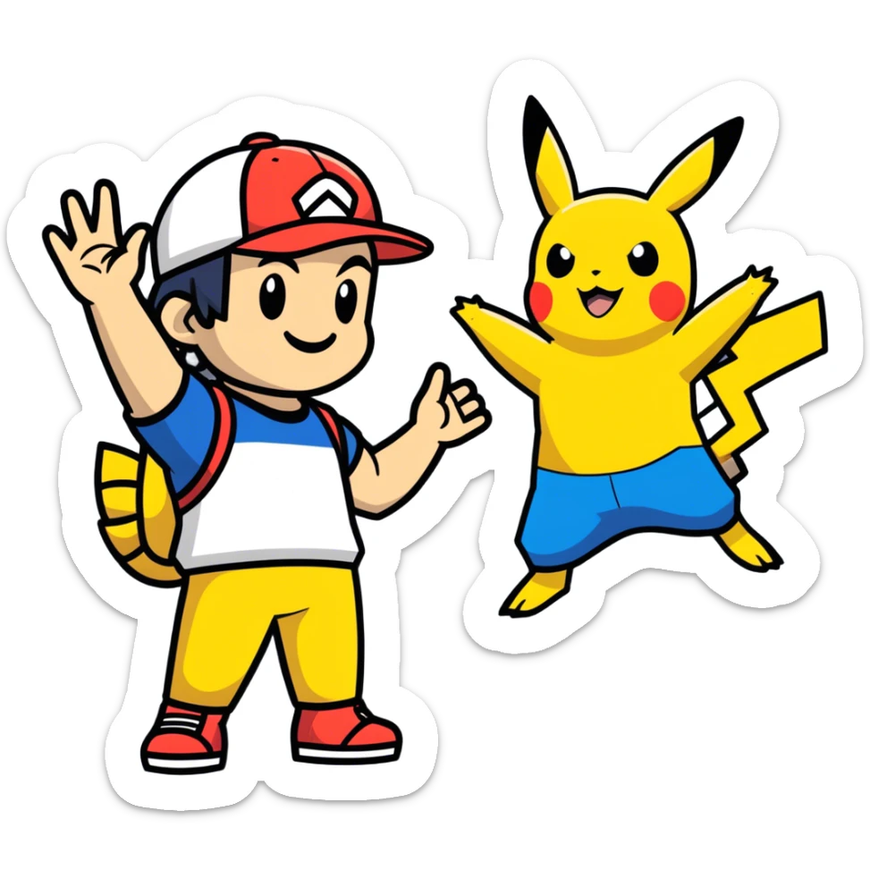 Hot handsomeb muscular 6ft tall smiling happy clean shaven Ash Ketchum giving Pikachu a high five sticker