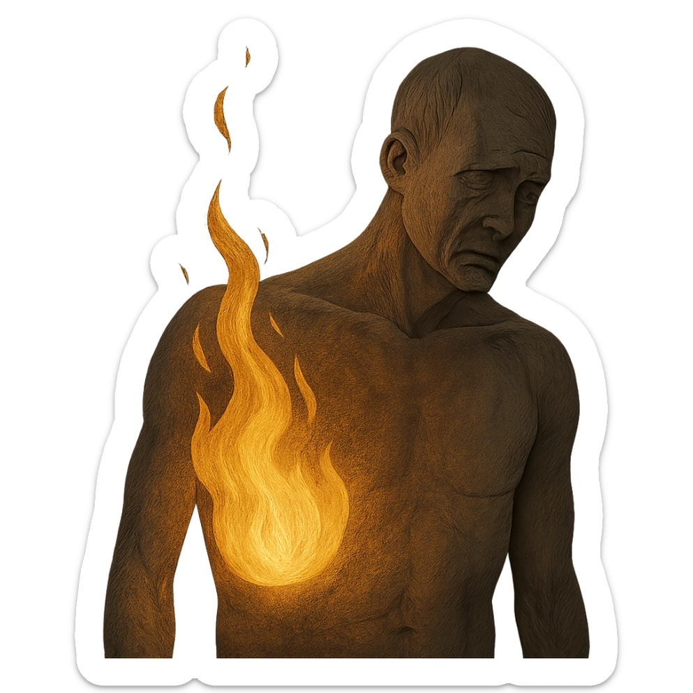 symbolic illustration of metabolism represented as a flame fading with age, adult body in foreground, dark background, 4K sticker