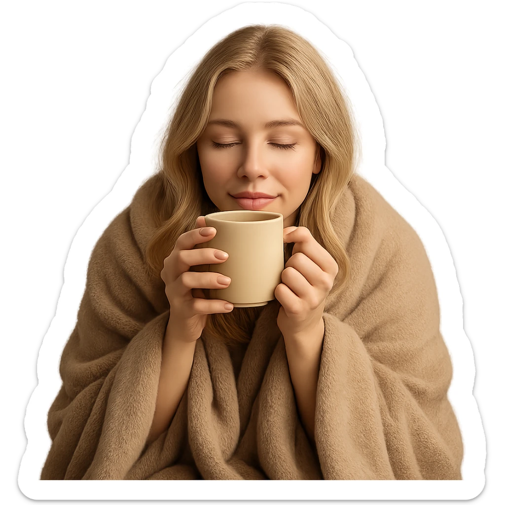 blonde girl wrapped in a blanket, sipping coffee with eyes closed, cozy and peaceful sticker