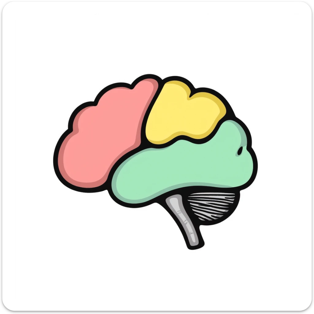 Anatomical brain diagram with colored regions: cerebrum in pink, cerebellum in yellow, brain stem in green, and frontal lobe in light blue. Detailed hand-drawn medical illustration with labeled major parts and lobes. sticker