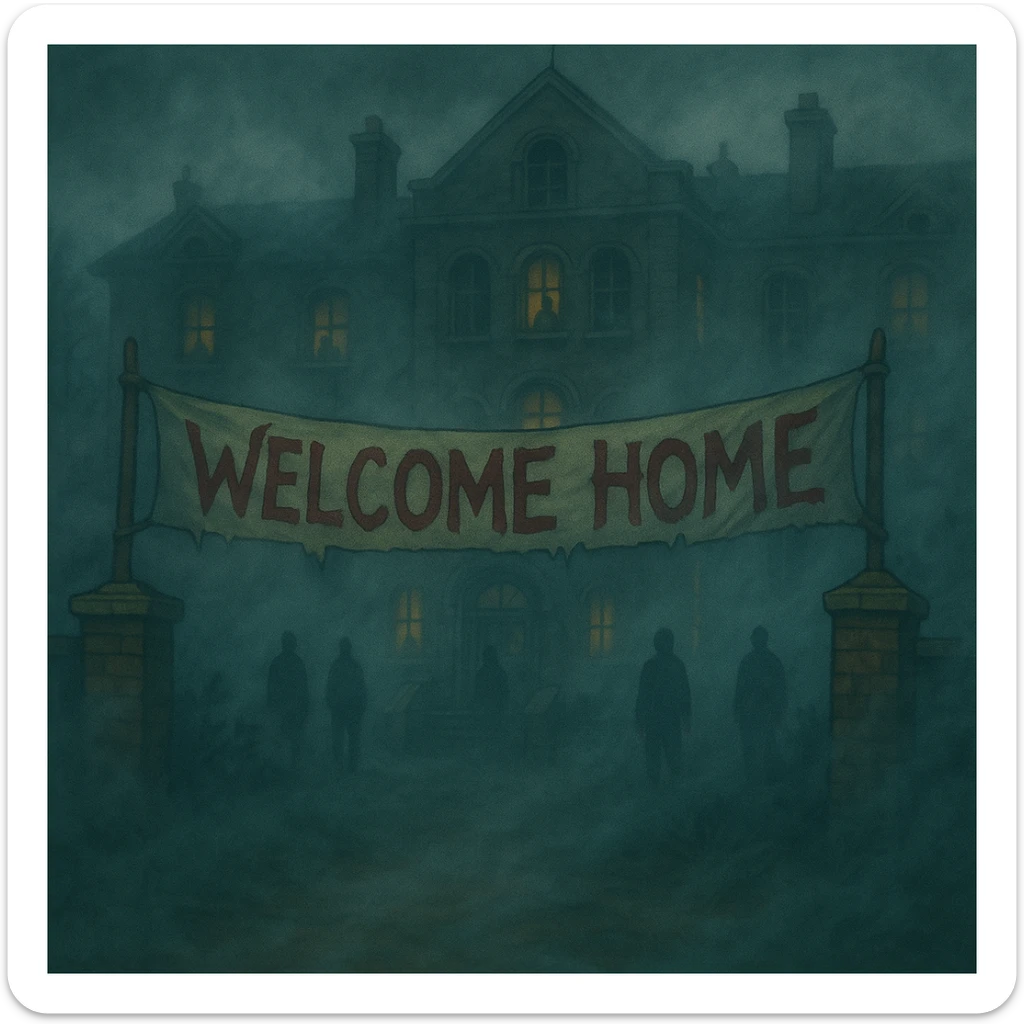 Add thick fog and swirling mist throughout the scene to enhance the creepy atmosphere, keep all other details unchanged. sticker