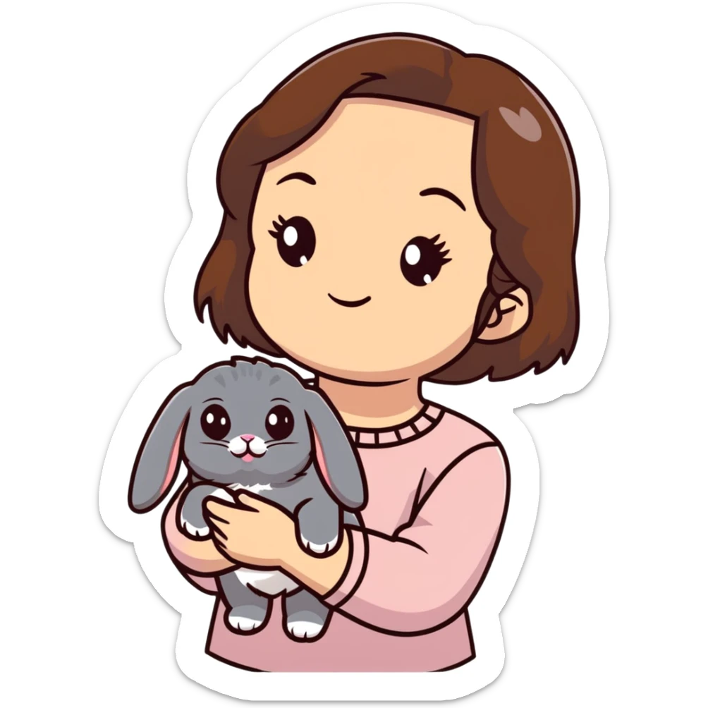 brunette chinita girl holding a brown holland lop rabbit, gray persian cat, and black kitten sticker