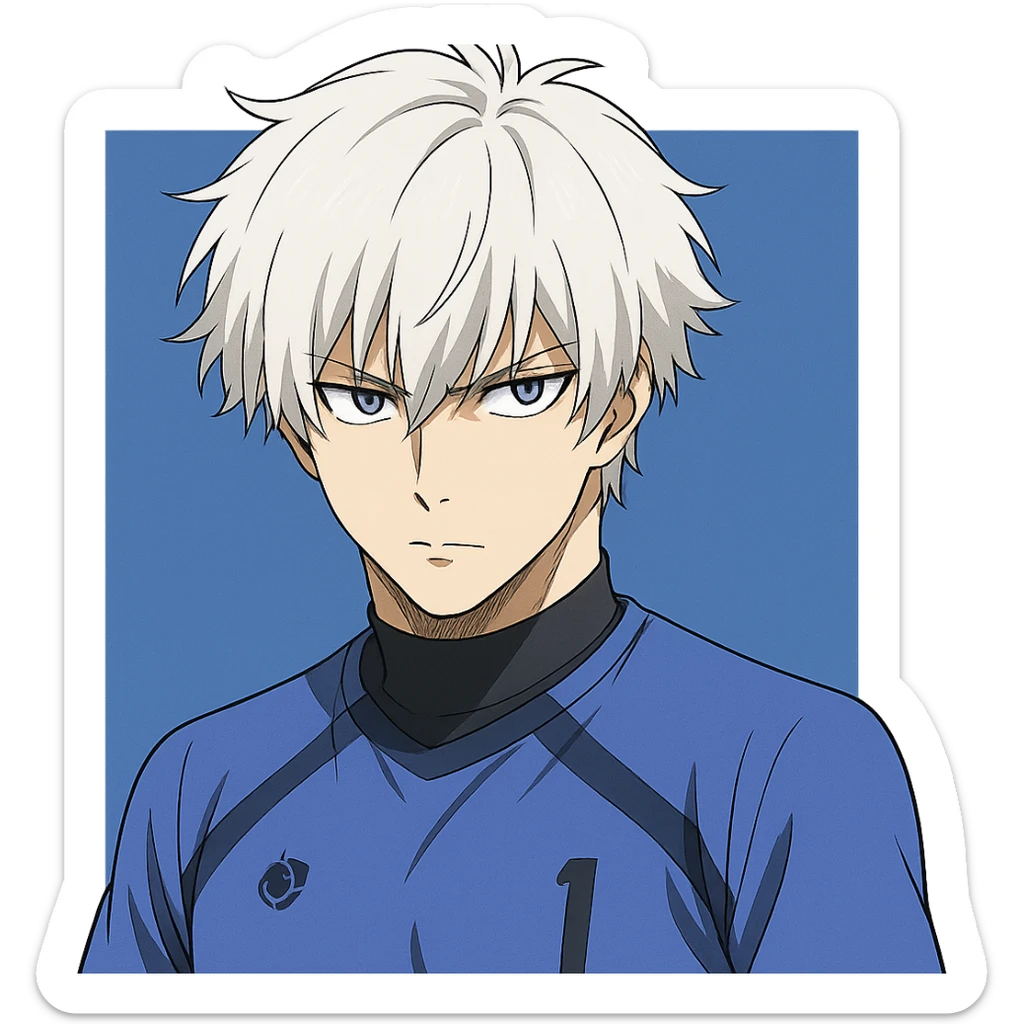 Nagi Seishiro from Blue Lock, anime style, close-up portrait, white hair, focused eyes, blue background sticker