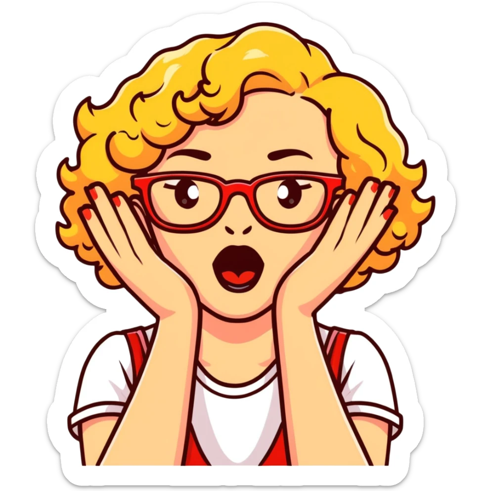 Blonde woman with short curly hair, slightly overweight, wearing red-framed glasses, shouting with hands on both sides of her mouth sticker