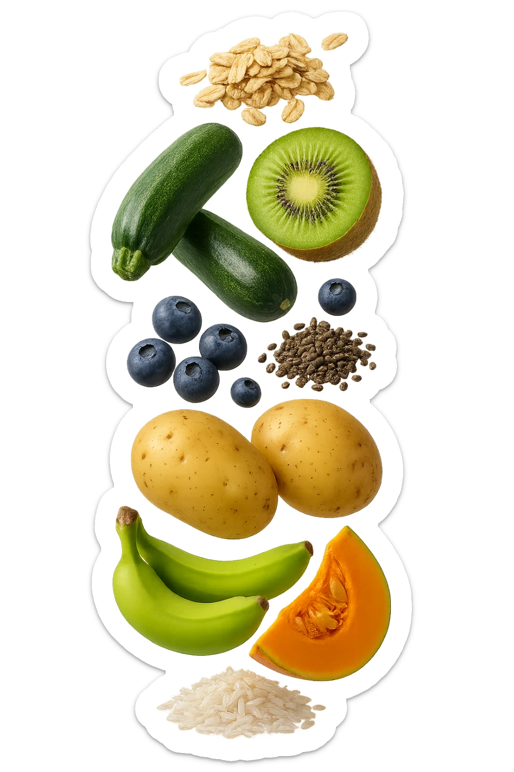 carota, fiocchi di avena, zucchine, kiwi, mirtilli, semi di chia, patate, banane acerbe, zucca, riso fluttuano in aria verticalmente, iperrealistici 4k sticker