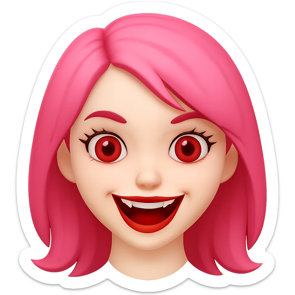 Change hair color to pink, keep white girl with red eyes, cute but scary face laughing, in emoji style similar to apple style emojis, concise prompt. sticker