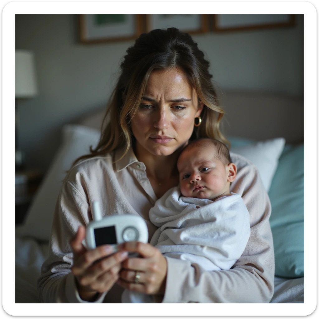hyperrealistic 4K image of new mother holding baby monitor tightly, scanning nursery full of safety equipment, dark circles under eyes, anxious and tired, detailed and safe environment sticker