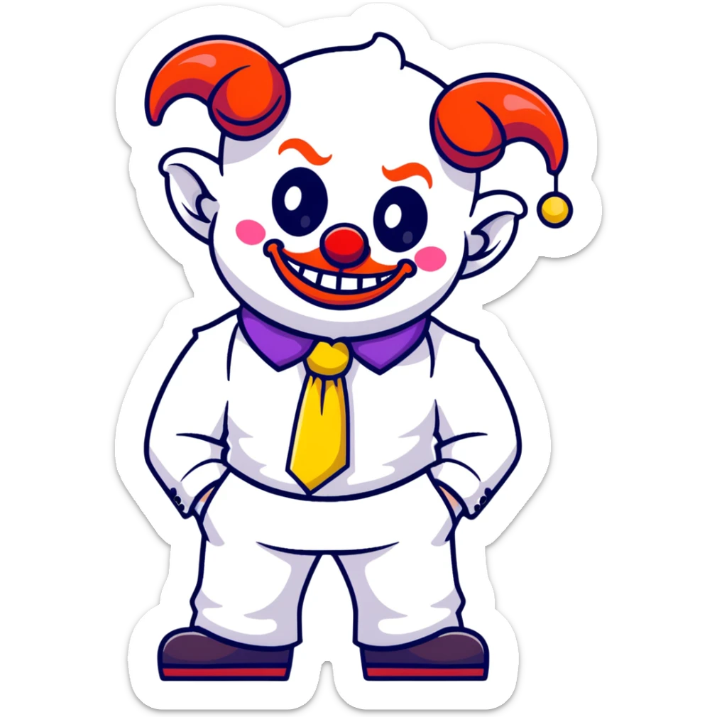 full-body demonic clown in a white leisure suit with bellbottom pants, bald, black ram horns, flashy belt, ruffled shirt, colorful tie, no elevator shoes sticker