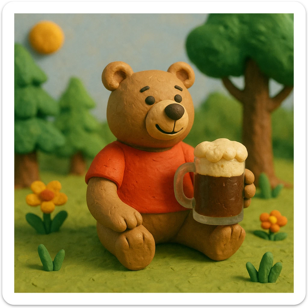 cartoon bear in a red t-shirt sitting on grass in a sunny forest clearing on a clear summer day, holding a glass mug of kvass with foam sticker