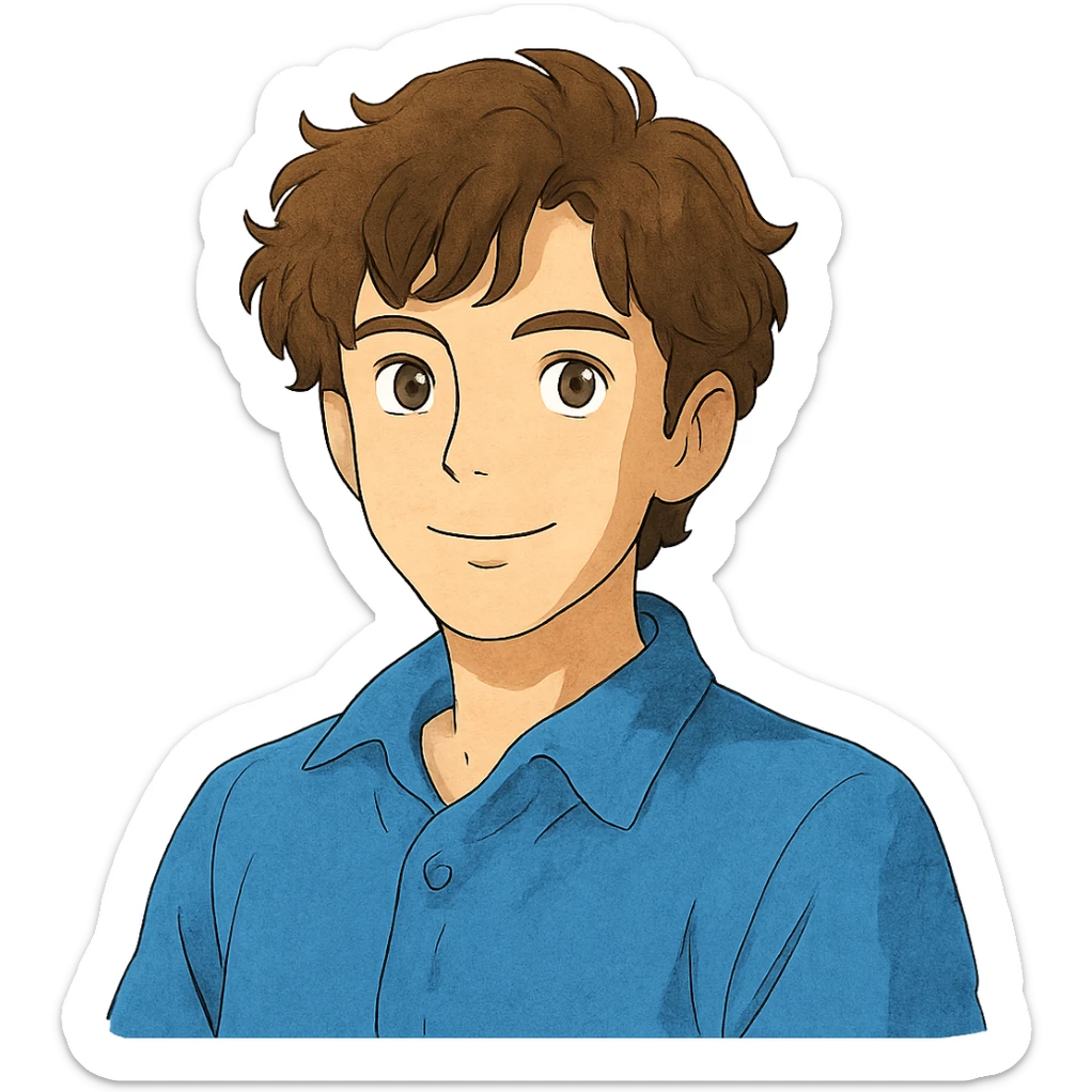 ghibli style good looking young adult boy with brown curly hair and brown eyes sticker
