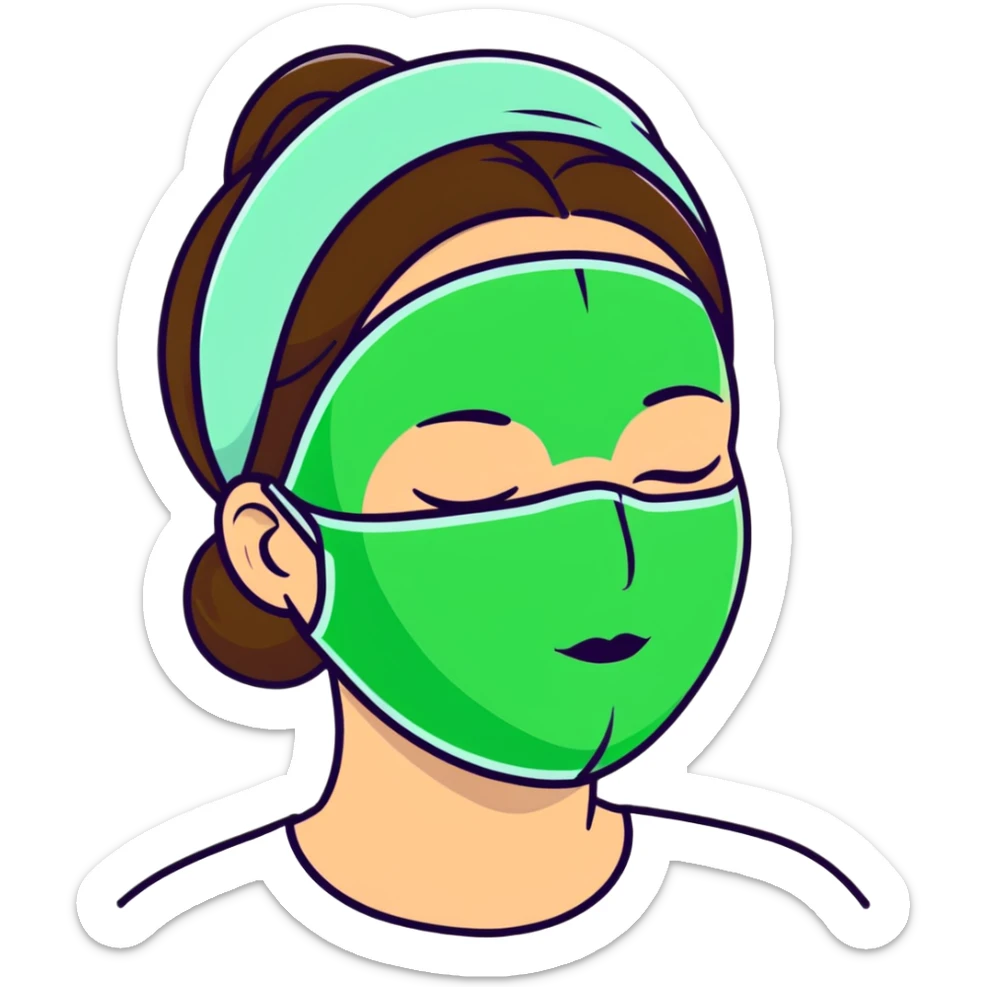 Girl with closed eyes sleeping with green beauty face mask on, relaxing self care moment sticker