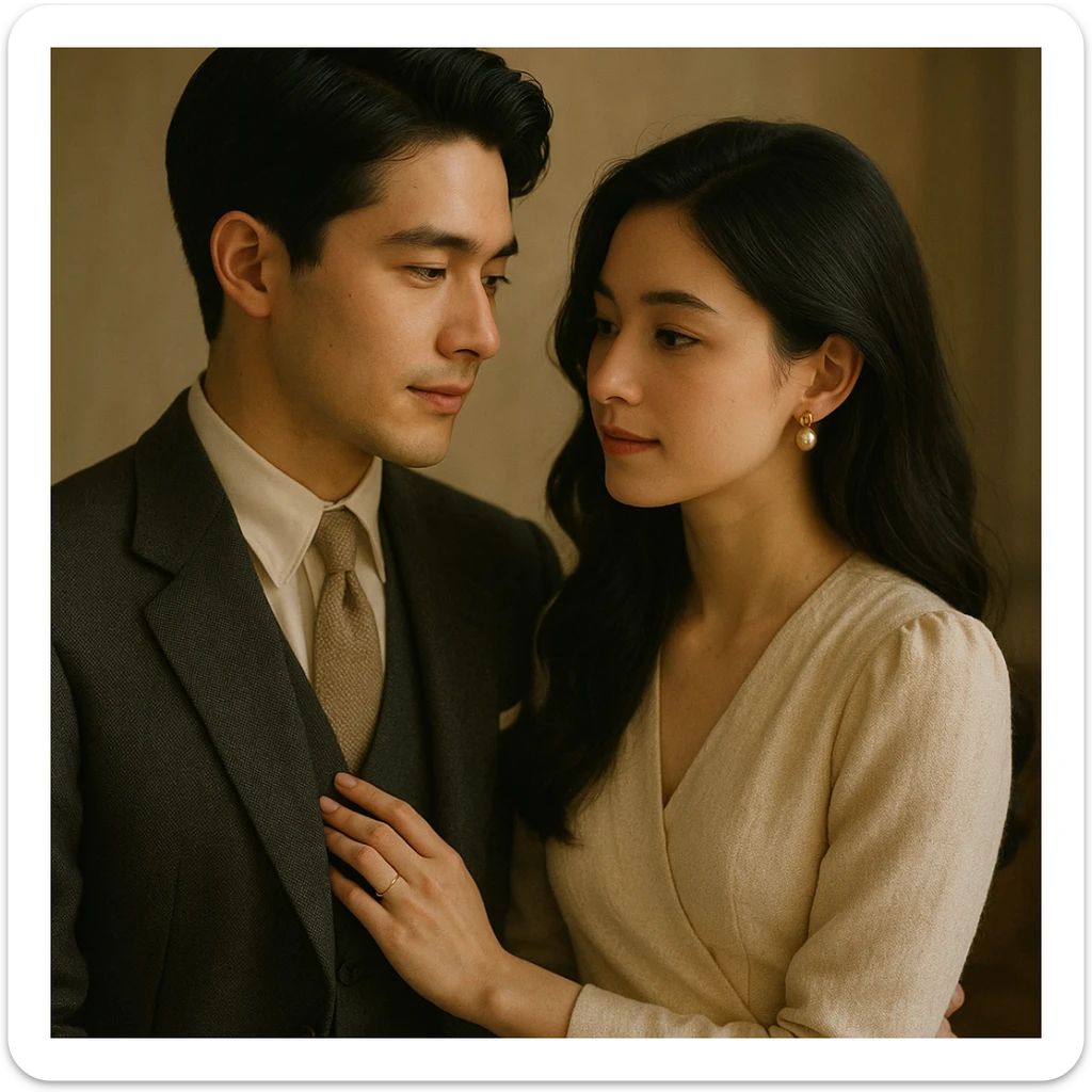 gentle and romantic couple with black hair, old money style, elegant clothing, subtle luxury, soft lighting sticker