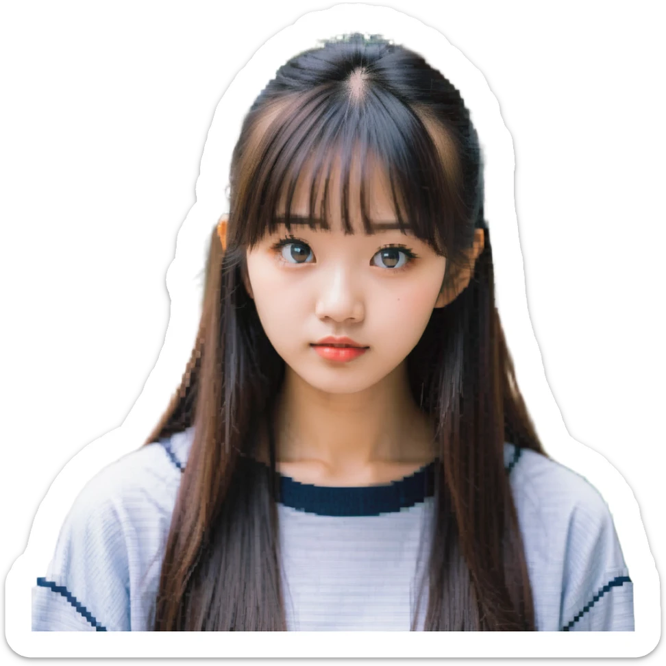 Pixel art of Asian girl, thin bangs, long hair, round eyes, no double eyelids, college student outfit, humorous expression sticker