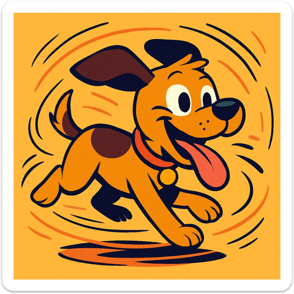 cartoon puppy dashing in circles with wild energy, tongue out, exaggerated motion lines, vibrant colors sticker