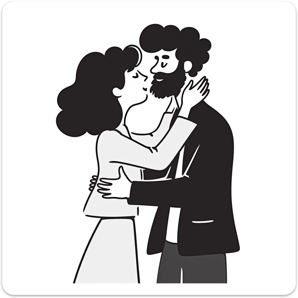 curly haired girl kissing a man with a beard, romantic couple kiss sticker