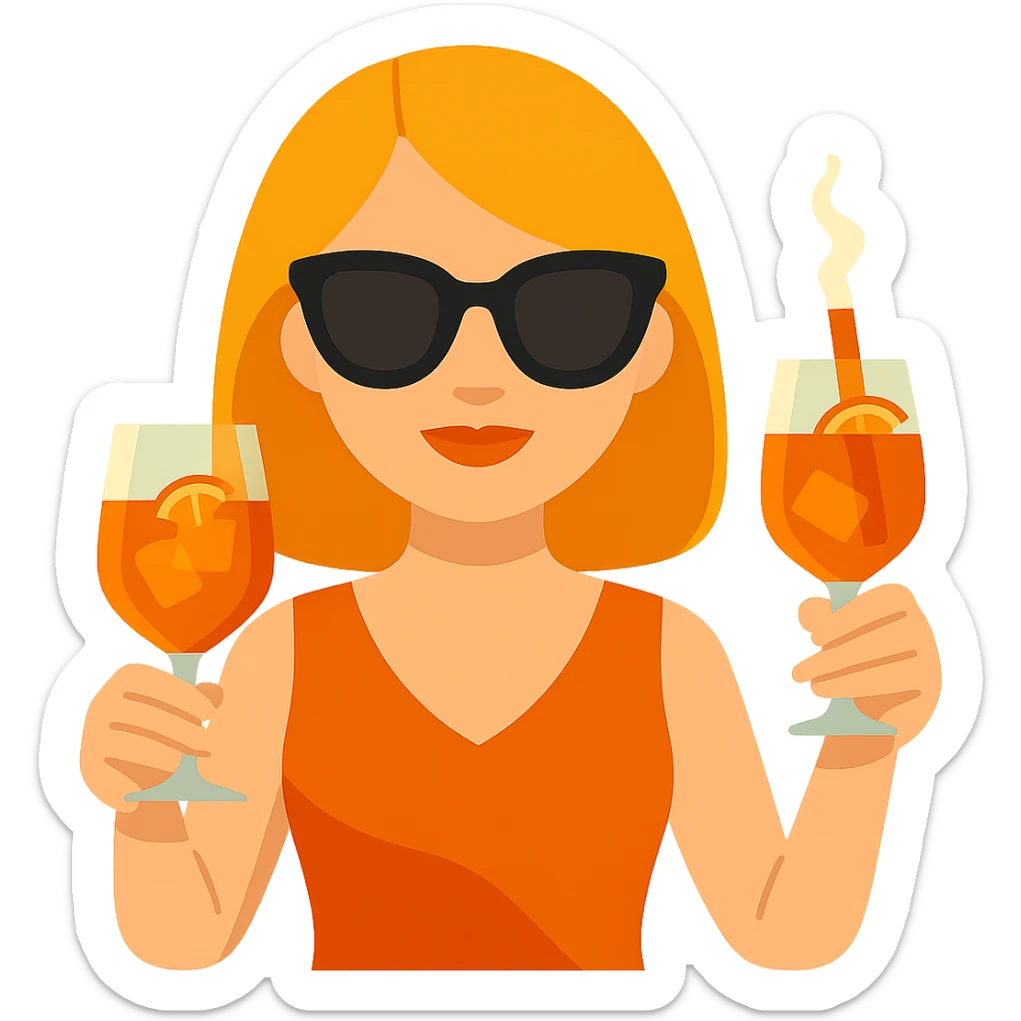 Add sunglasses to the Italian girl and make her hair dark blond, keep the Aperol Spritz and vibrant toon emoji style, with no background. sticker
