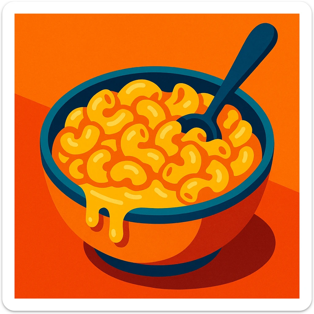a bowl of macaroni and cheese with a spoon, creamy cheese sauce, comfort food vibe sticker