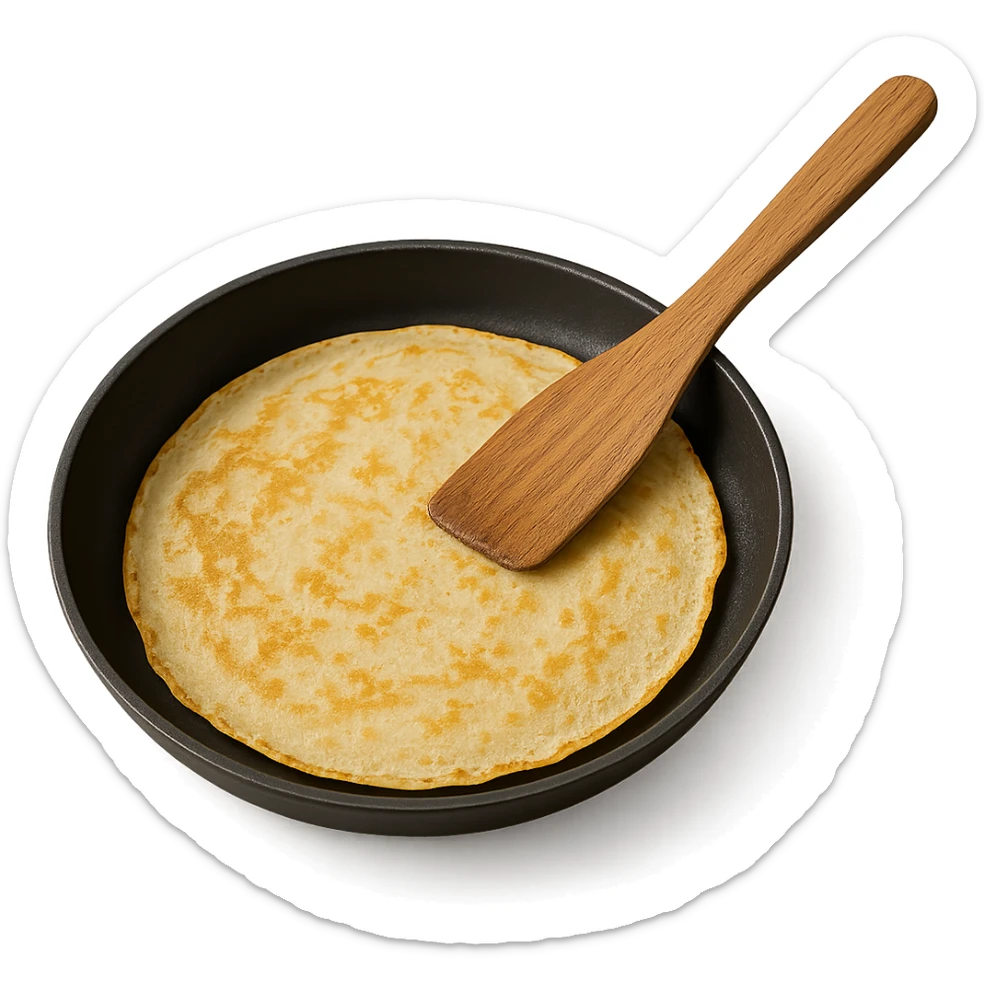 a French crepe being cooked in a pan, with a wooden spatula sticker