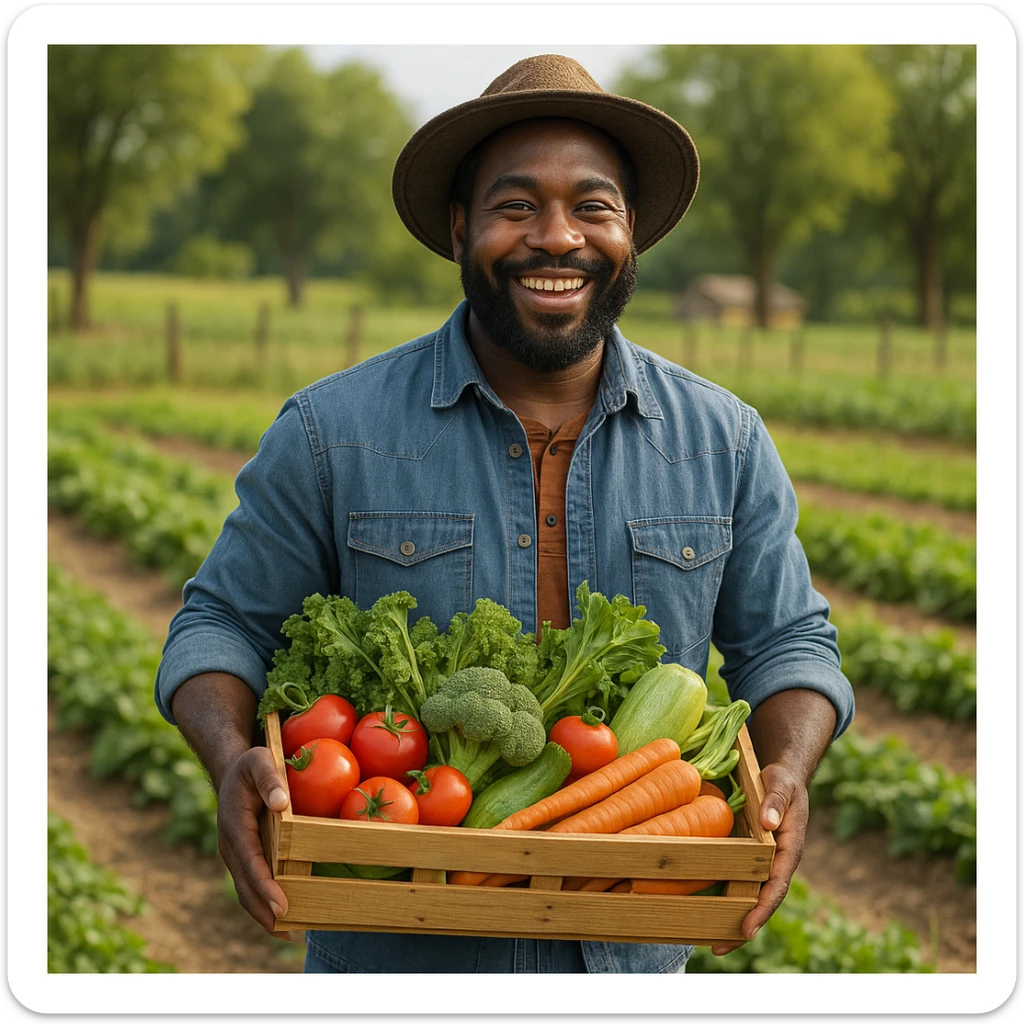 Black man farmer, carrying a basket of vegetables, cheerful, farm setting, casual clothes sticker