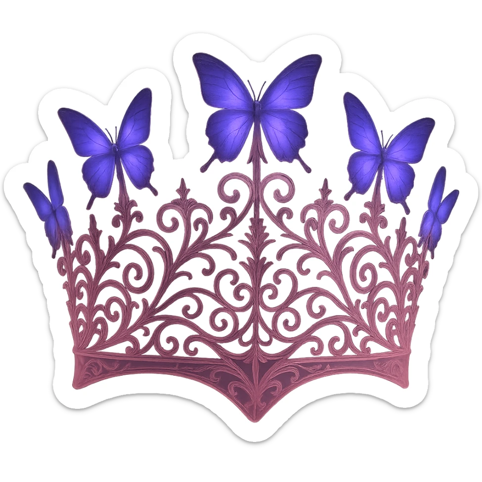 Mysterious and elegant butterfly crown, darker matte pink with purple butterflies, gothic filigree, transparent background. sticker