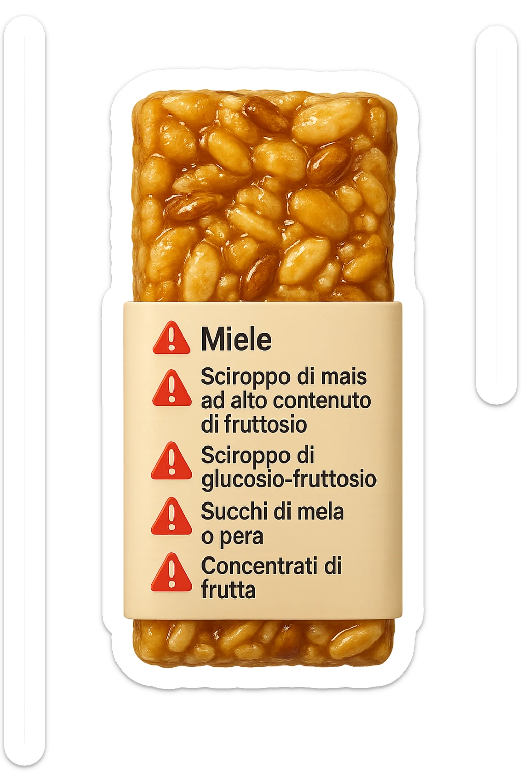 SU QUESTO STILE FAI UN EMOJI STILE IPHONE 3D DI UNa barretta ai cereali con ETICHETTA CON GLI INGREDIENTI SCRITTI, "miele, sciroppo di mais ad alto contenuto di fruttosio, sciroppo di glucosio-fruttosio, succhi di mela o pera,
concentrati di frutta" accanto ad ogni nome scritto mettici un segnale di allarme, FALLO MOLTO REALISTICO IN 3D sticker