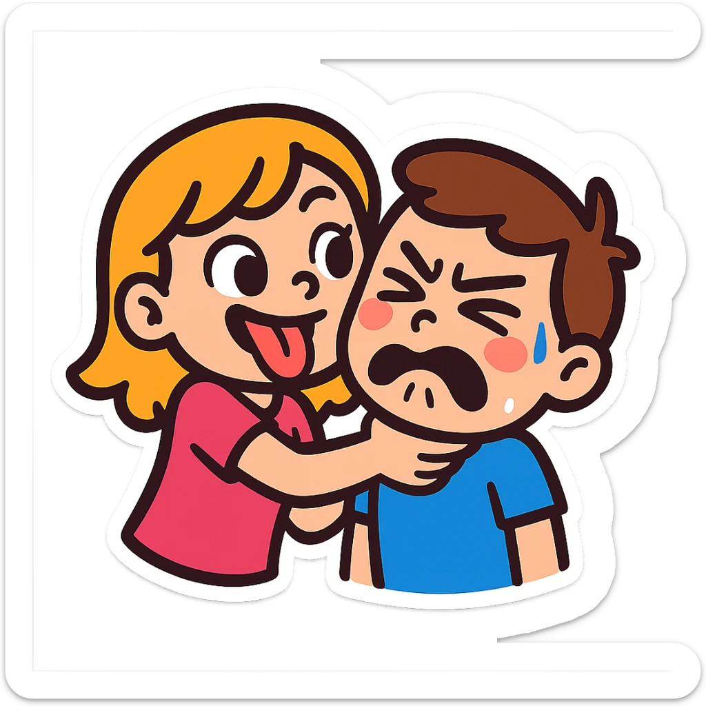 playful cartoon emoji sticker of a girl teasingly holding a boy's neck, both with exaggerated cute and funny expressions, vibrant colors, ideal for chat stickers sticker