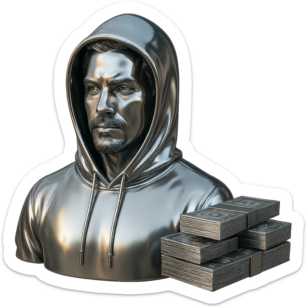 Edit the Indian man to wear a hoodie with a chrome hood, keep his goatee, add money on the side, and make the AMG car chrome. Keep the background transparent. sticker