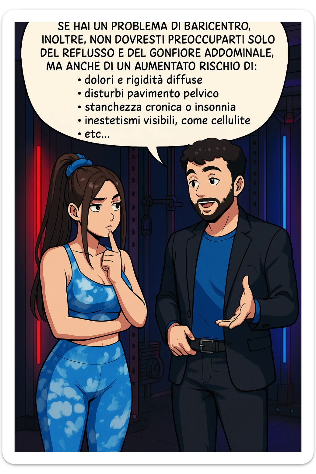 TRASFORMA QUESTO CAROSELLO IN UN FUMETTO STILE WEBTOON/MANGA A COLORI CON QUESTE DUE PERSONE IDENTICHE CHE INTERLOQUISCONO TRA LORO, L'uomo sta spiegando alla donna questo concetto MENTRE LA DONNA SI TIENE L'INDICE SUL MENTO ASCOLTANDOLO PENSIEROSA:

Se hai un problema di baricentro, inoltre, non dovresti preoccuparti solo del reflusso e del gonfiore addominale, ma anche di un aumentato rischio di:
    • dolori e rigidità diffuse
    • disturbi pavimento pelvico
    • stanchezza cronica o insonnia
    • inestetismi visibili, come celluluite
    • etc… sticker
