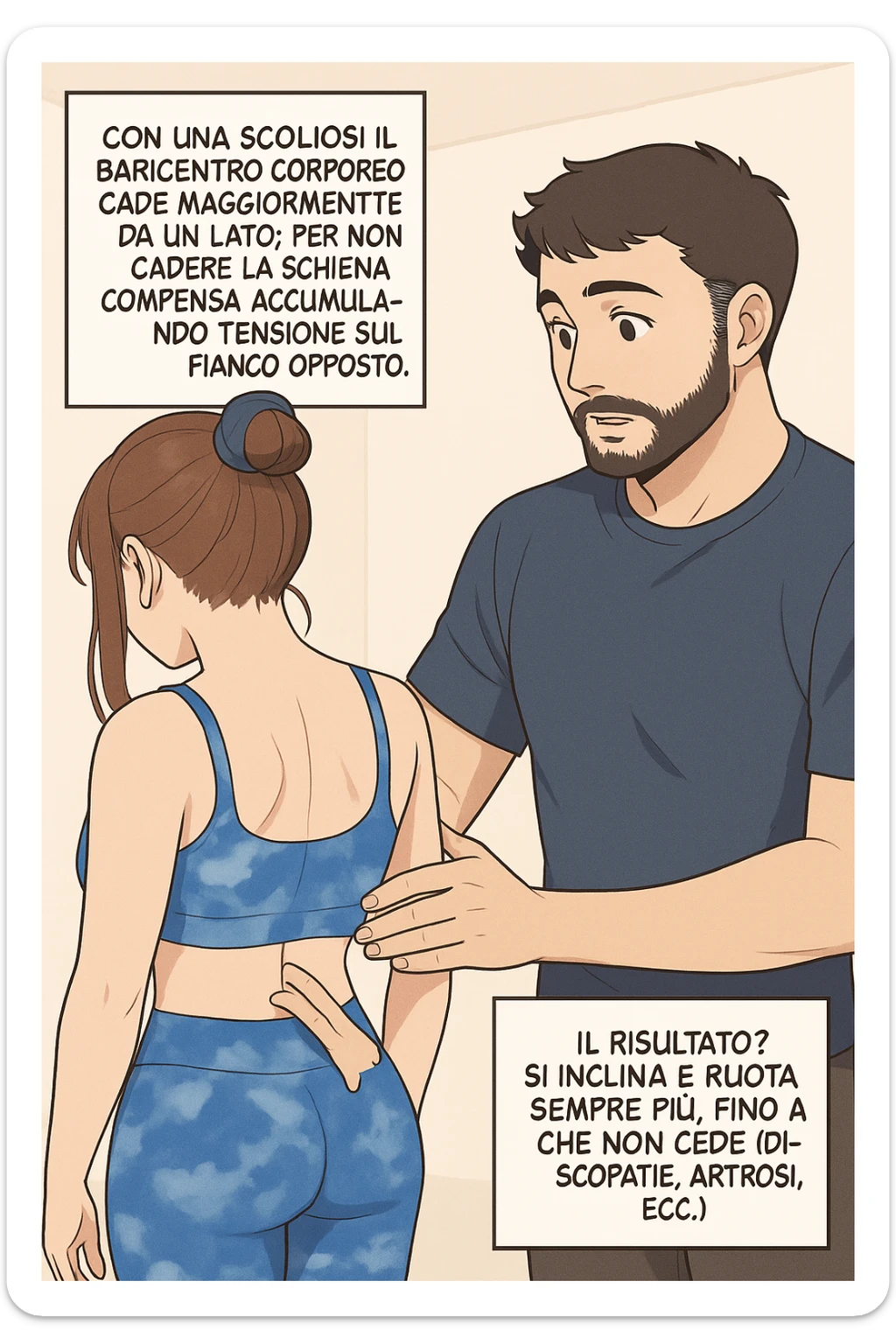 fai questa immagine in versione manga/webtoon a colori, il manga mostra la donna di spalle, mentre l'uomo le tocca la spina dorsale per spiegarle come funziona la scoliosi:
Con una scoliosi il baricentro corporeo cade maggiormente da un lato; per non cadere la schiena compensa accumulando tensione sul fianco opposto.
Il risultato? Si inclina e ruota sempre più, fino a che non cede (discopatie, artrosi, ecc) sticker