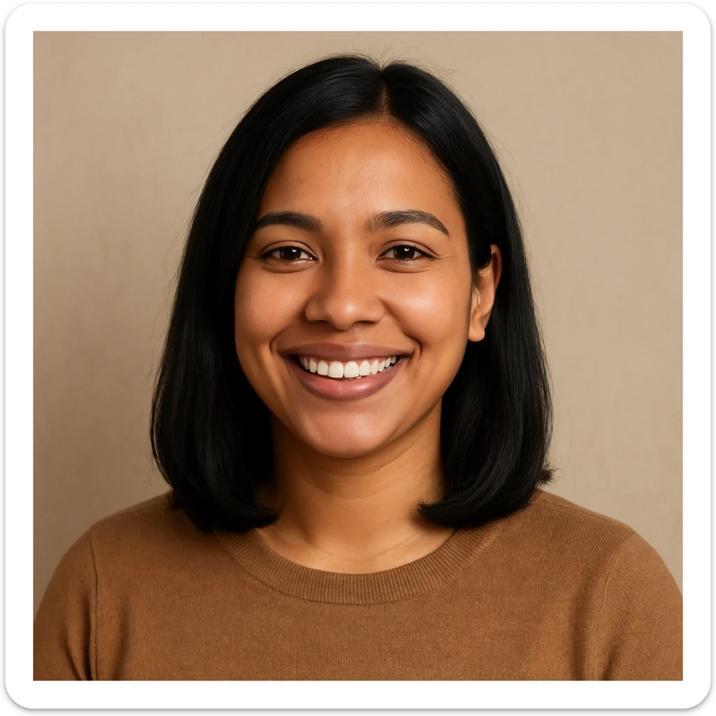 portrait of a light brown skinned female with shoulder length black hair, smiling, simple background sticker