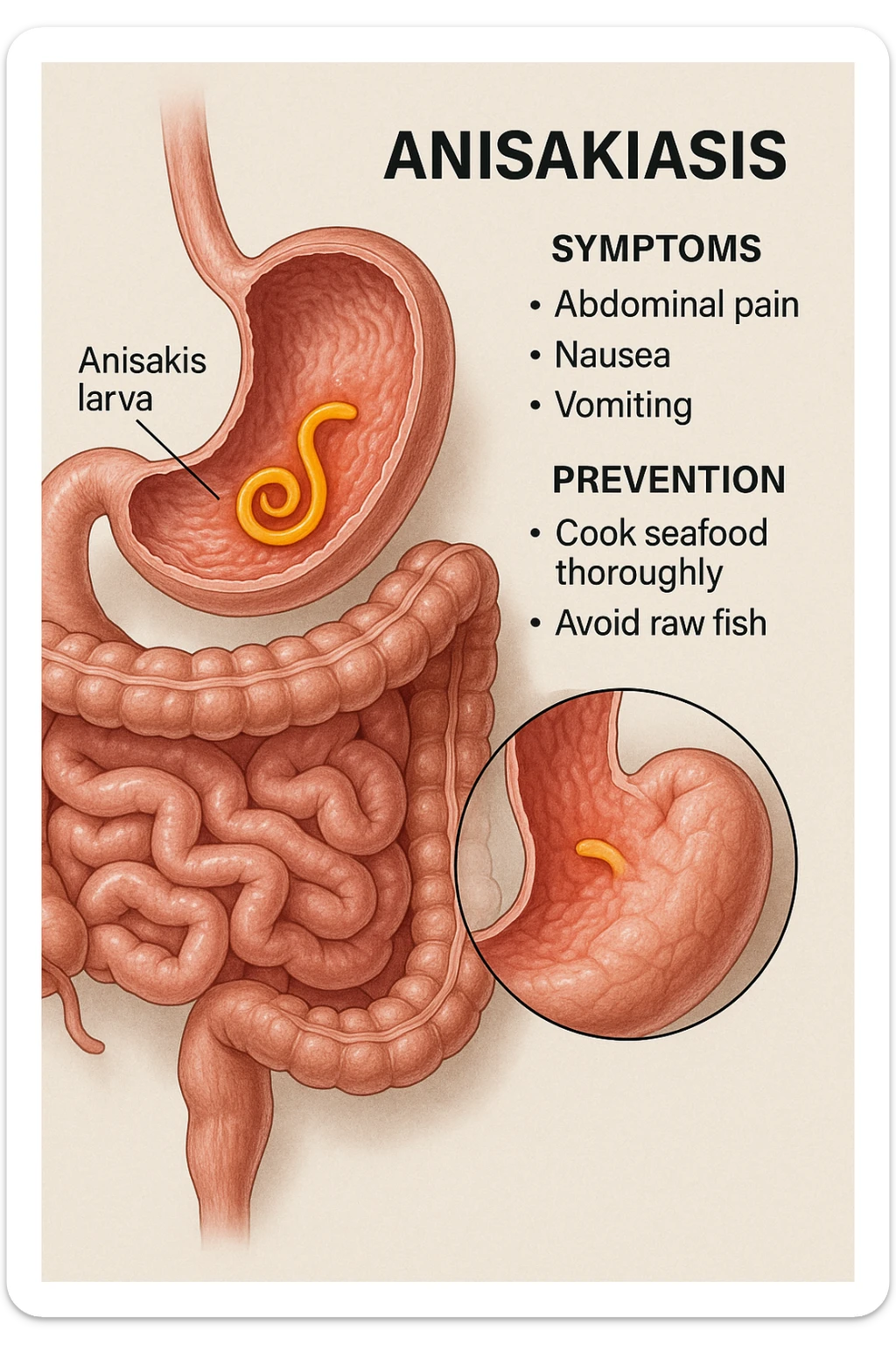 a cutaway view of the human digestive tract, showing an Anisakis larva attached to the stomach or intestinal wall. The parasite is highlighted in color, with surrounding tissue rendered in realistic detail. Educational labels describe symptoms and prevention. sticker