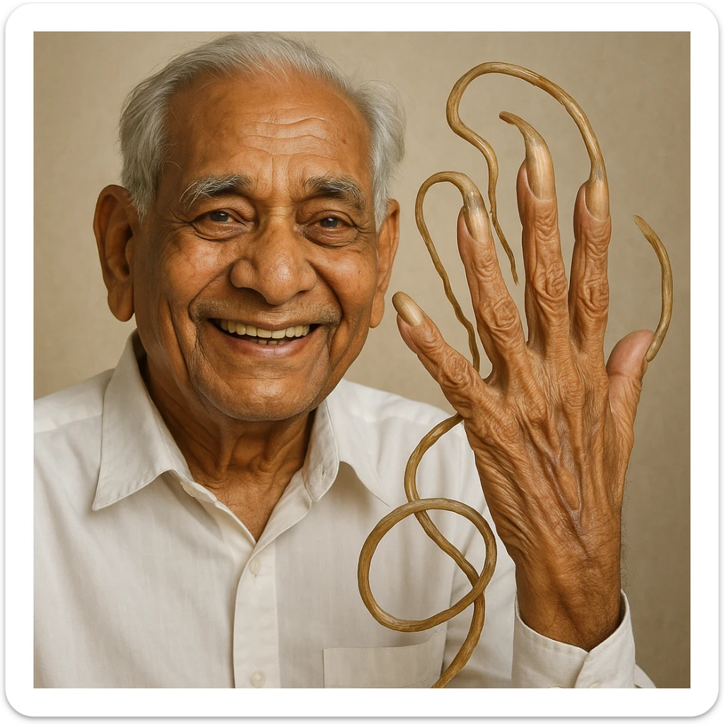 Portrait of Shridhar Chillal smiling, holding up his hand with record-breaking long fingernails, realistic style, neutral background sticker
