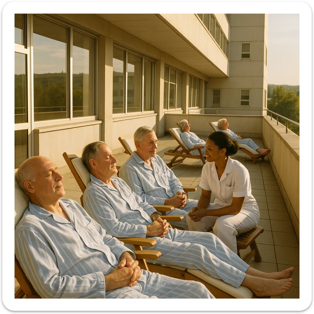 hospital terrace with patients in pajamas sunbathing on deck chairs, nurse conversing with a patient, atmosphere of hope and recovery, warm natural light, realistic details, 4K quality sticker