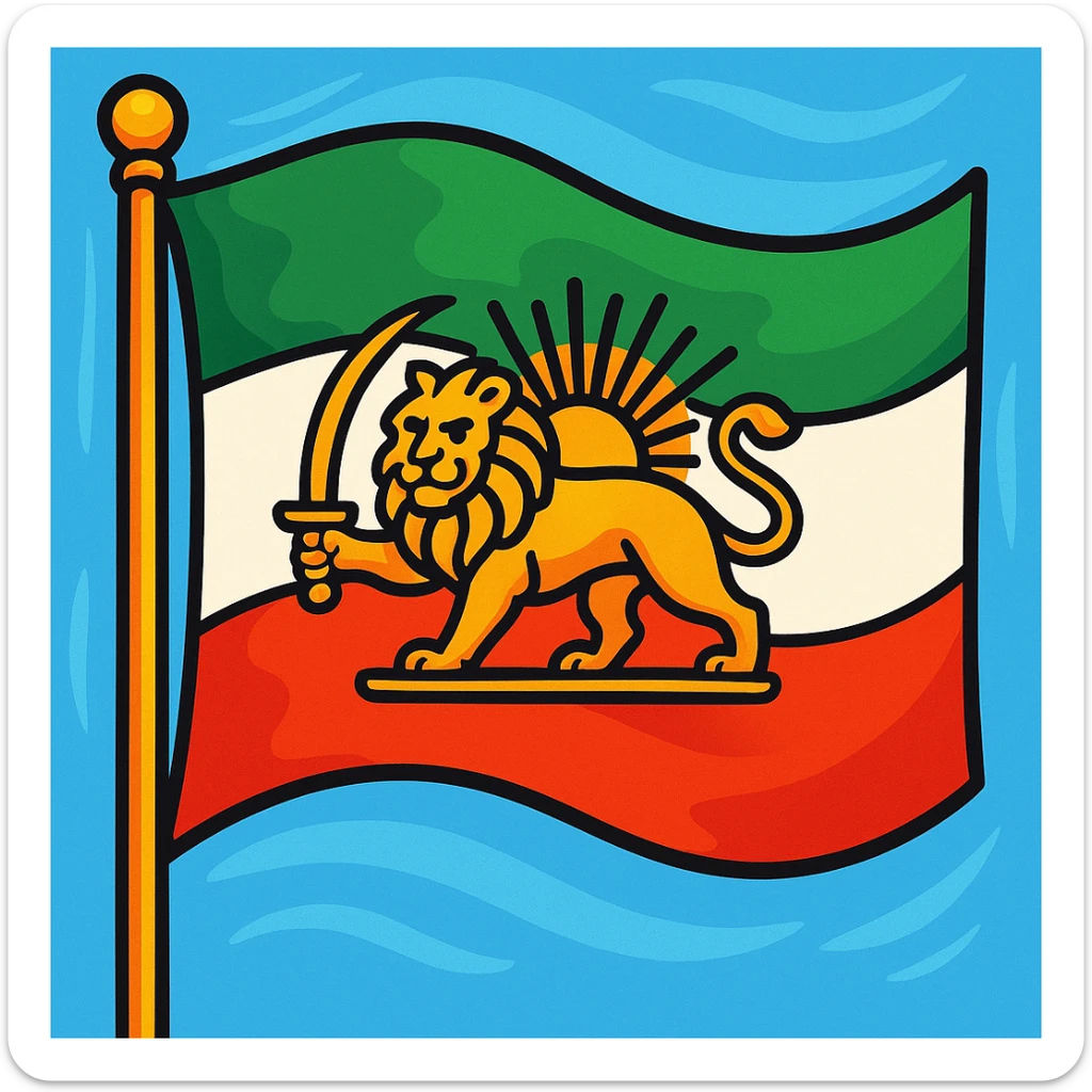Pahlavi flag of Iran, stylized as a waving flag with the lion and sun emblem, vibrant colors sticker
