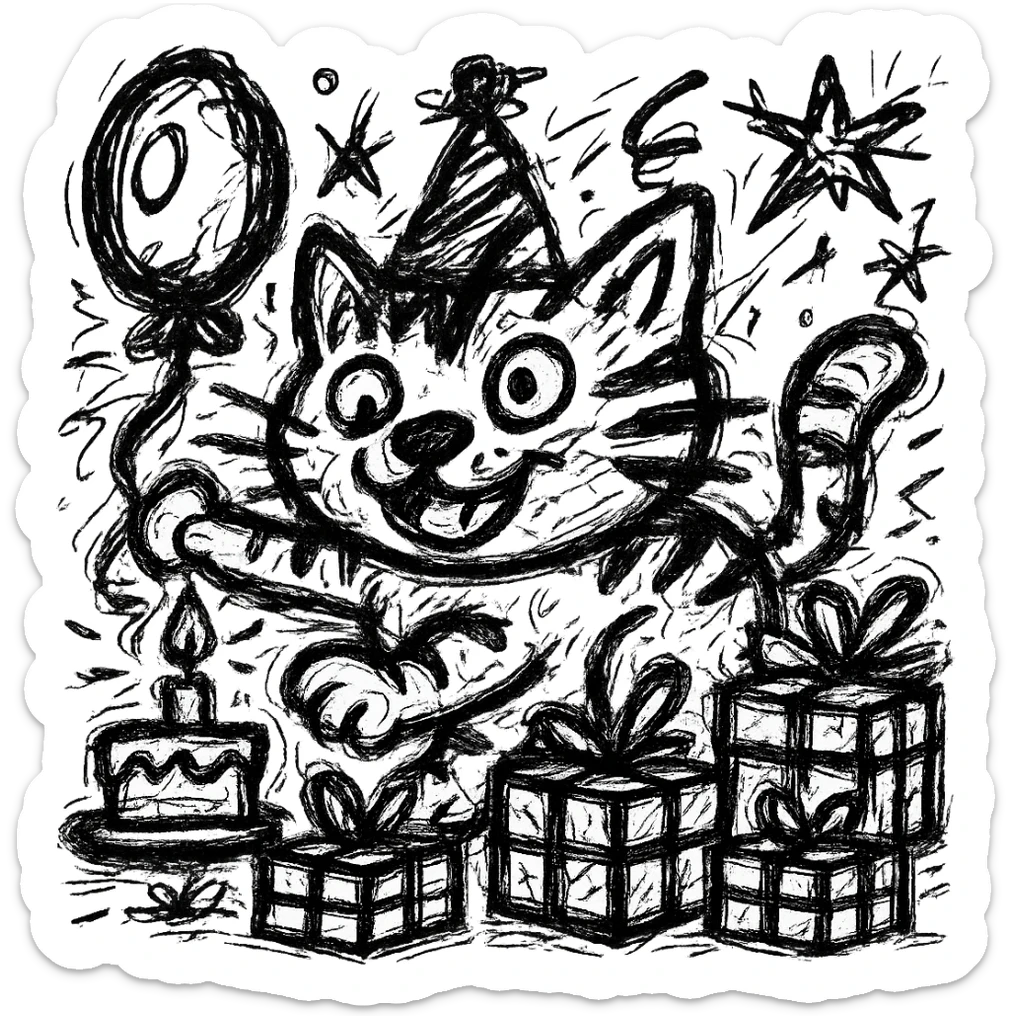 Add more gifts around the kitten, keeping the chaotic outlined style and all original elements intact sticker