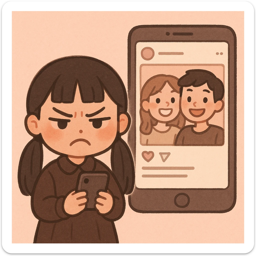cute stylized digital illustration of a young girl with long dark hair in two low pigtails and blunt fringe, wearing a dark brown outfit, holding a smartphone with an angry, jealous, or annoyed expression; next to her an enlarged phone screen showing a social media post with two friends smiling in a selfie; minimalistic pink-toned background; soft, charming, cartoon-like style; focus on her emotional reaction; humorous and relatable tone sticker