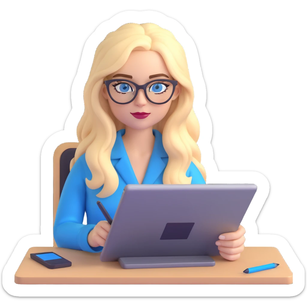 a blonde woman with long hair and blue eyes wearing black cat-eye glasses, working on a graphic tablet sticker
