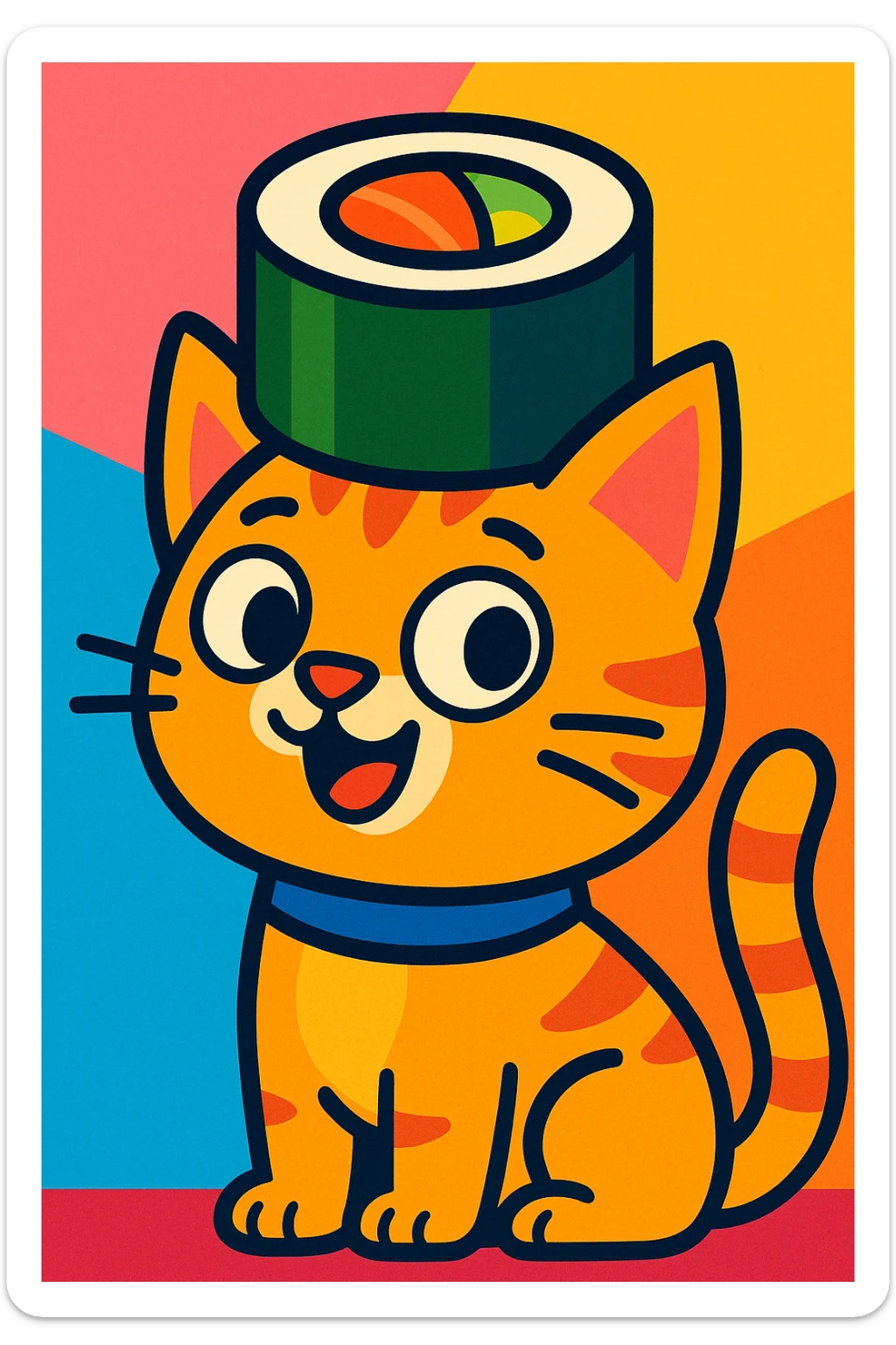 whimsical style cat wearing a sushi roll as a hat, fun and colorful sticker