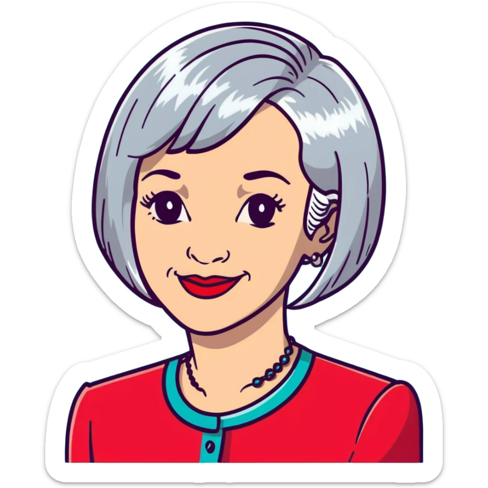 Elegant older woman with silver-gray bob haircut, light skin, almond eyes, red lipstick, red blouse, sophisticated warm smile sticker