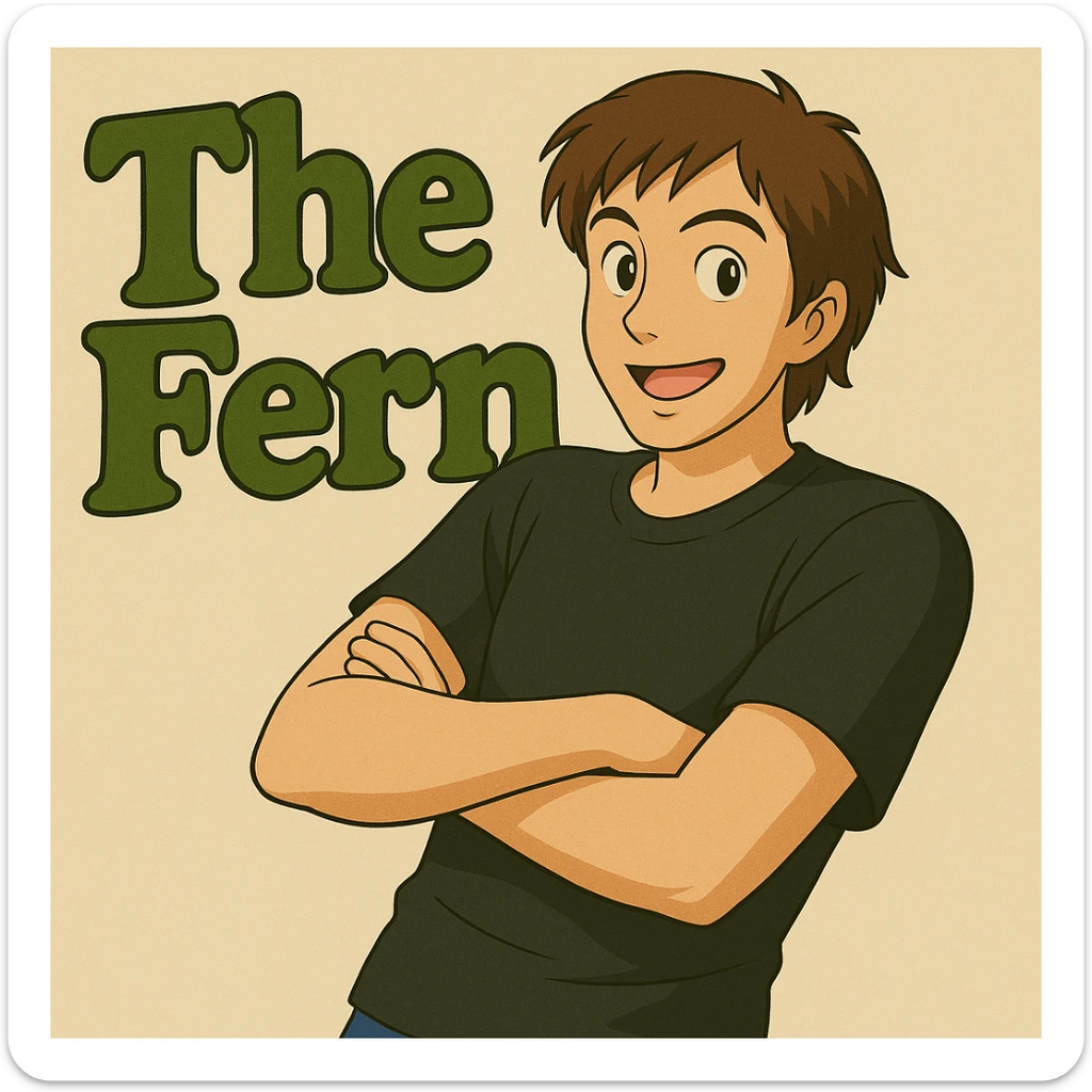 Make the brunette anime man look 20 years old with youthful facial features, still leaning to the side with arms crossed, in front of green bubble letters that say 'The Fern'. He should have a black t-shirt, no jacket, medium-length brown hair, and an expressive anime face. Keep the playful, bold vibe in Ghibli style. sticker