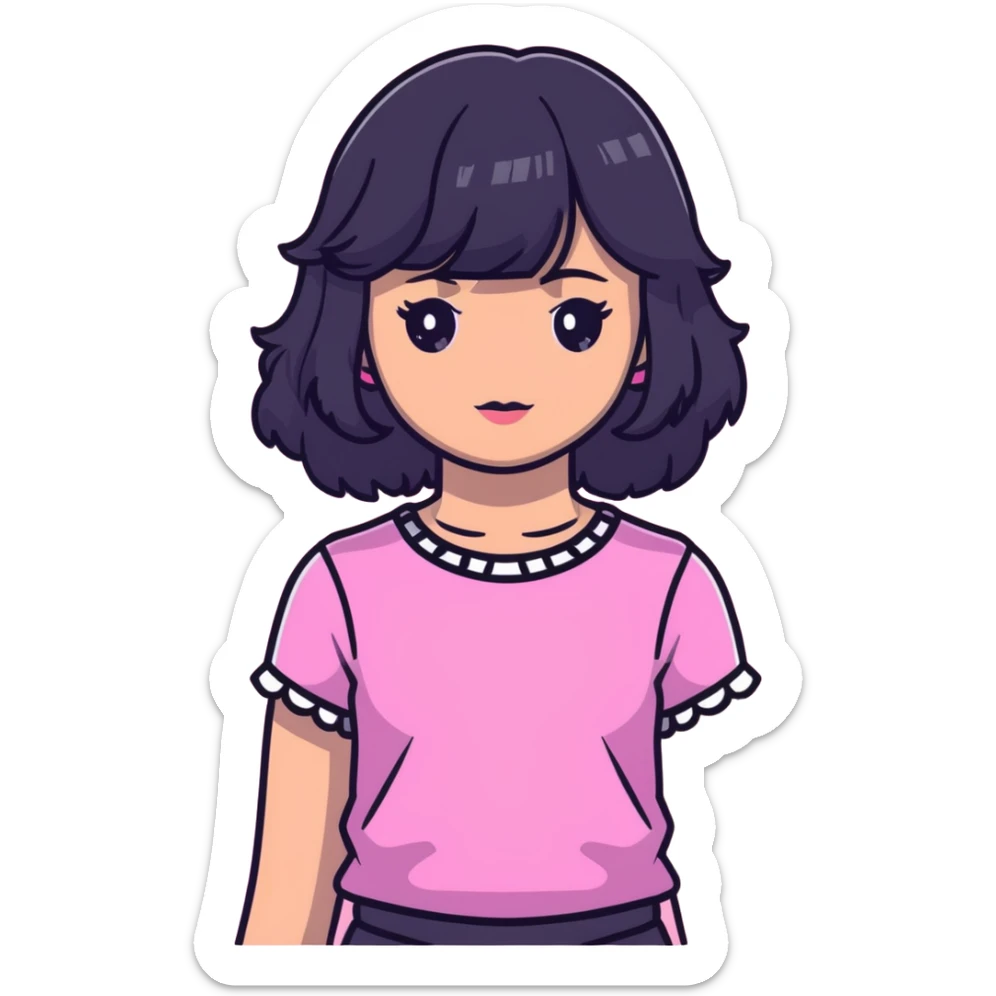 White girl with chest length black wavy hair with curtain bangs, gray eyes, wearing a pink top sticker