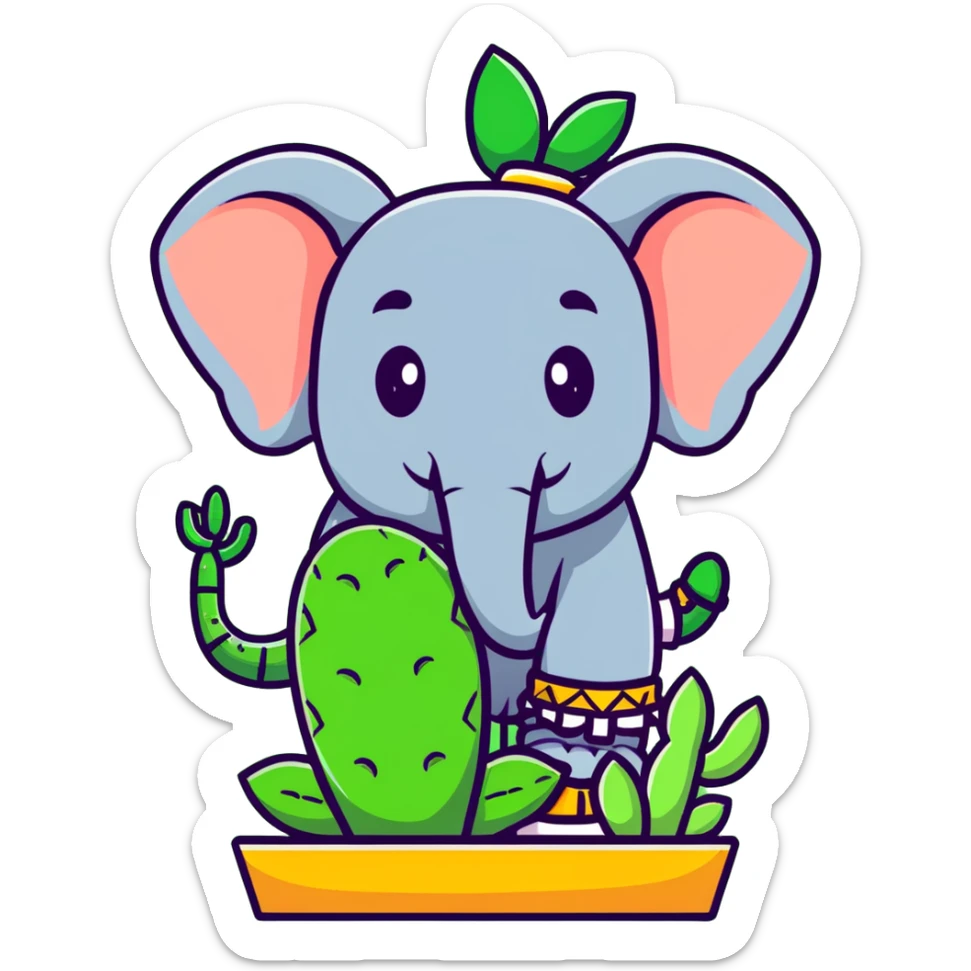 elephant with a cactus body wearing sandals, elephant head on top of a green cactus body with sandals on its feet sticker